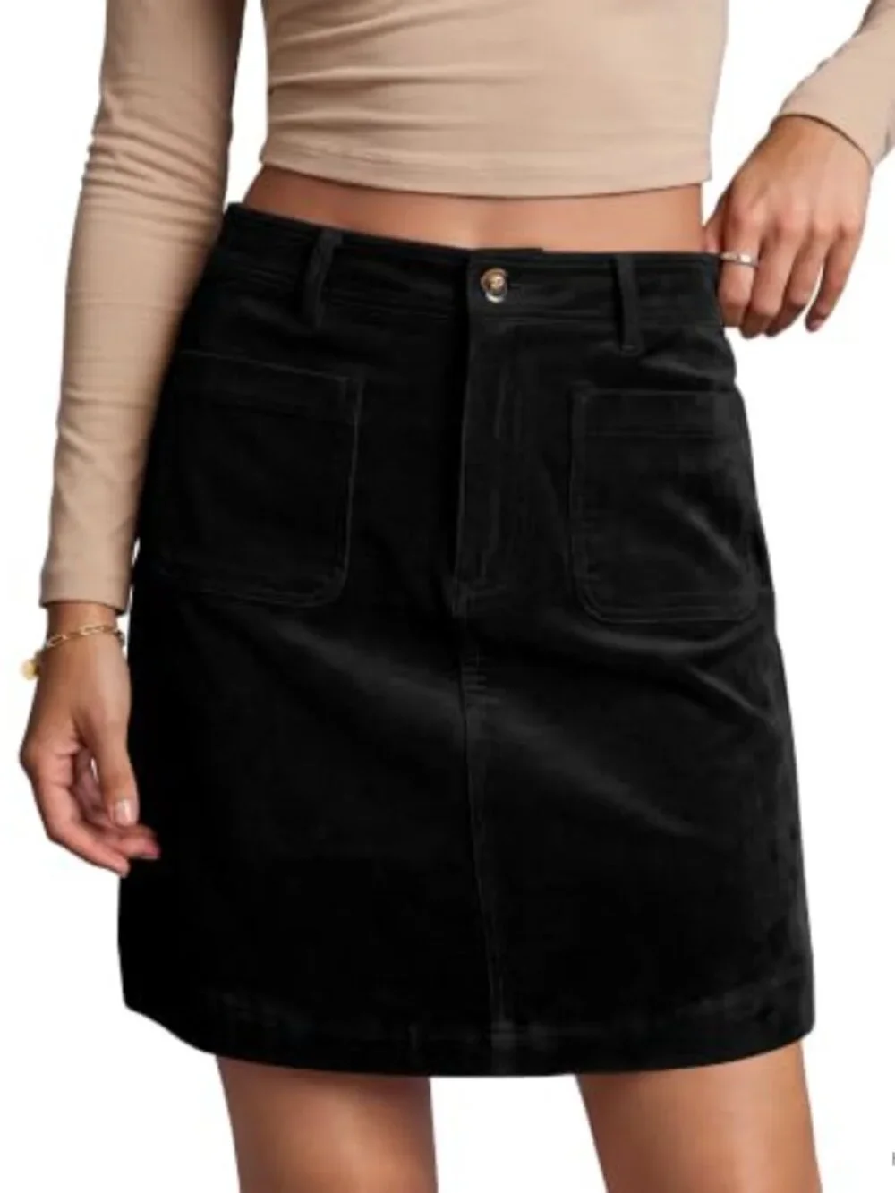 Corduroy A-Line Skirt High Waisted Stretchy Above Knee with Pockets